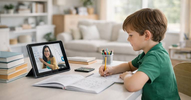 A boy writes in his notebook while his teacher explains on a tablet screen